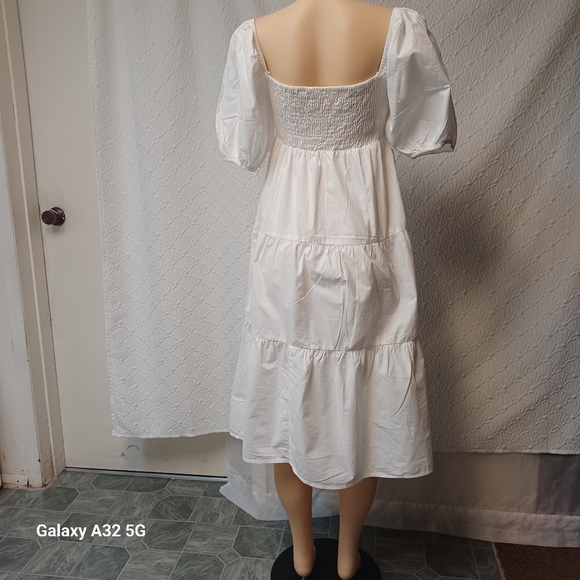 SIM Y SAM Women Size M Elegant White Puff Sleeve Dress100% Cotton Lining - Picture 10 of 13